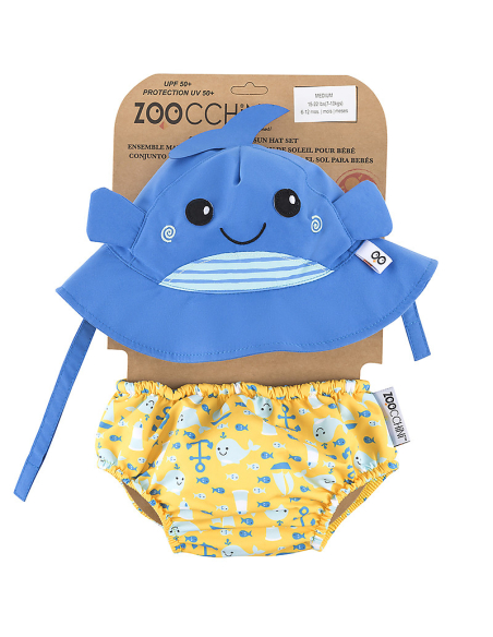 Set Baby Costumino Contenitivo + Cappellino, Balena con protezione solare UPF 50+
